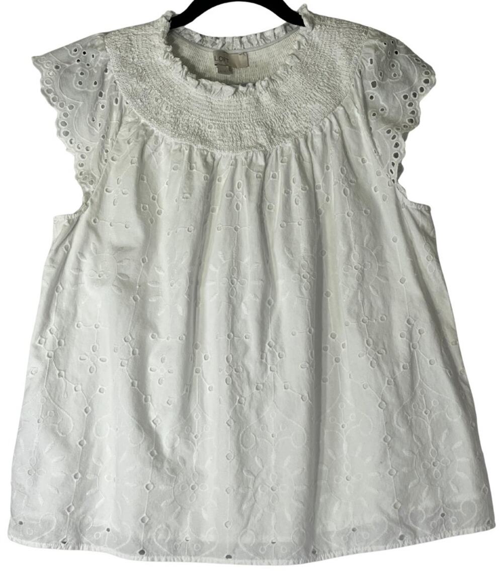 Loft Summer White Lined Eyelet Smocked Scoop Neck Cap Sleeve Top Size S